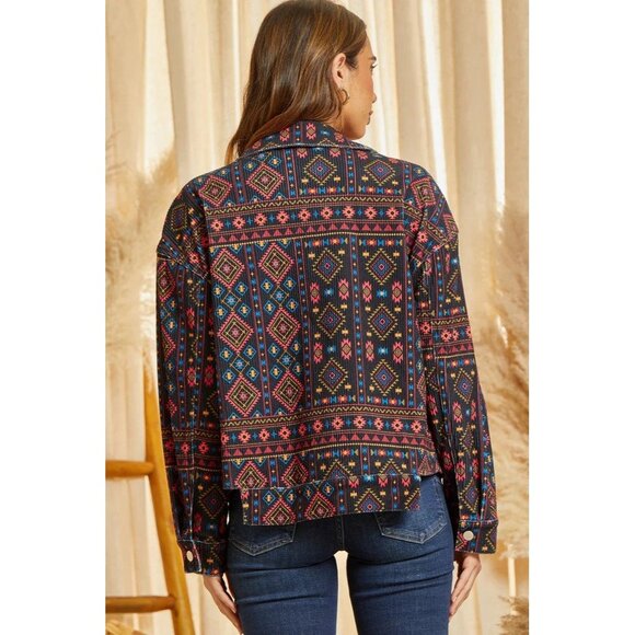 Savanna Jane Maisie Black Multi Colored Aztec Patterned Corduroy Jacket Size 1X - Picture 2 of 8